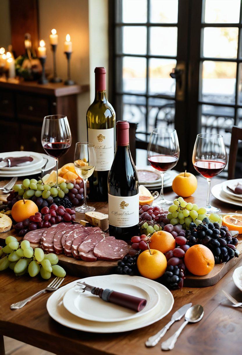 A beautifully set table adorned with elegant wine glasses, a variety of exquisite wine bottles, and unique wine accessories like corkscrews and aerators, all amidst a warm and inviting atmosphere of laughter and joy. Soft, ambient lighting enhances the scene, with a backdrop showcasing a charcuterie board and fresh fruits, symbolizing memorable gatherings. Include hints of vibrant colors, reflecting a festive spirit. super-realistic. warm colors.