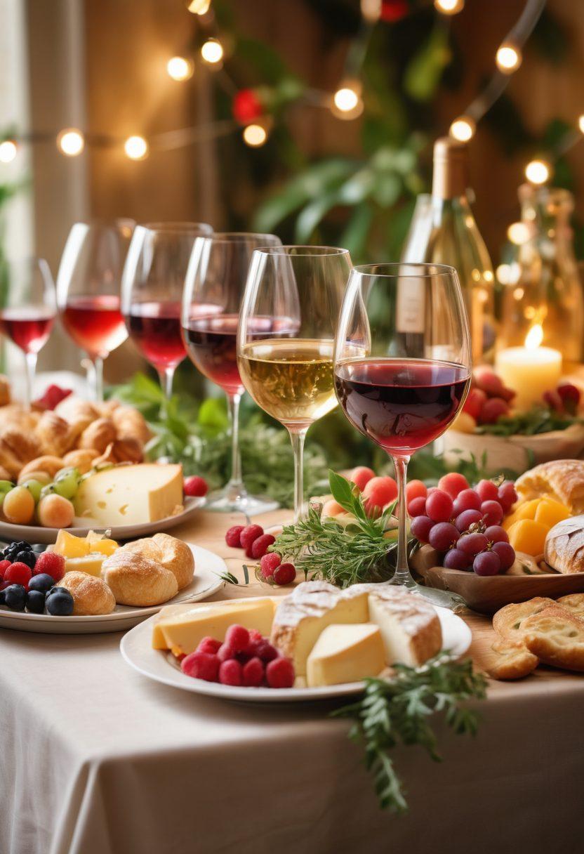 A cheerful gathering of friends enjoying a wine tasting event, featuring elegant wine glasses filled with various red, white, and rosé wines. The backdrop includes a beautifully set table with an array of delicious cheese, fruits, and pastries, bathed in warm golden light. Soft fairy lights twinkle above, creating a festive atmosphere. Lush greenery and vibrant flowers surround the scene, emphasizing the joy of celebration and culinary delight. super-realistic. vibrant colors. warm tones.
