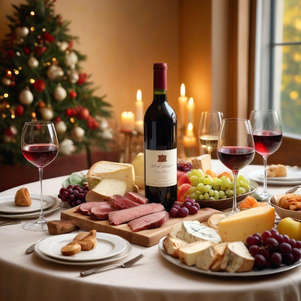 A beautifully arranged table showcasing a variety of wines from deep red to crisp white, complemented by gourmet food pairings like cheeses, fruits, and meats. Soft lighting highlights the elegance of the setup, with a bottle of red wine on one side and a bottle of white wine on the other, surrounded by seasonal decorations. A wine glass is filled with rosé, reflecting the transition of colors. The background is a cozy dining setting, evoking a festive atmosphere. super-realistic. vibrant colors. warm lighting.